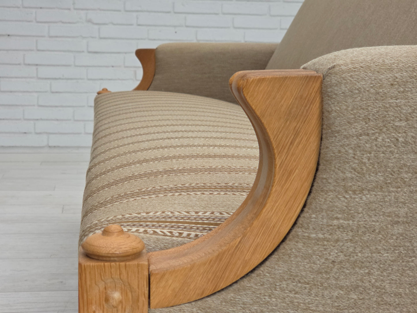 1970s, 3-seater Danish sofa, original beige furniture wool, solid oak wood.