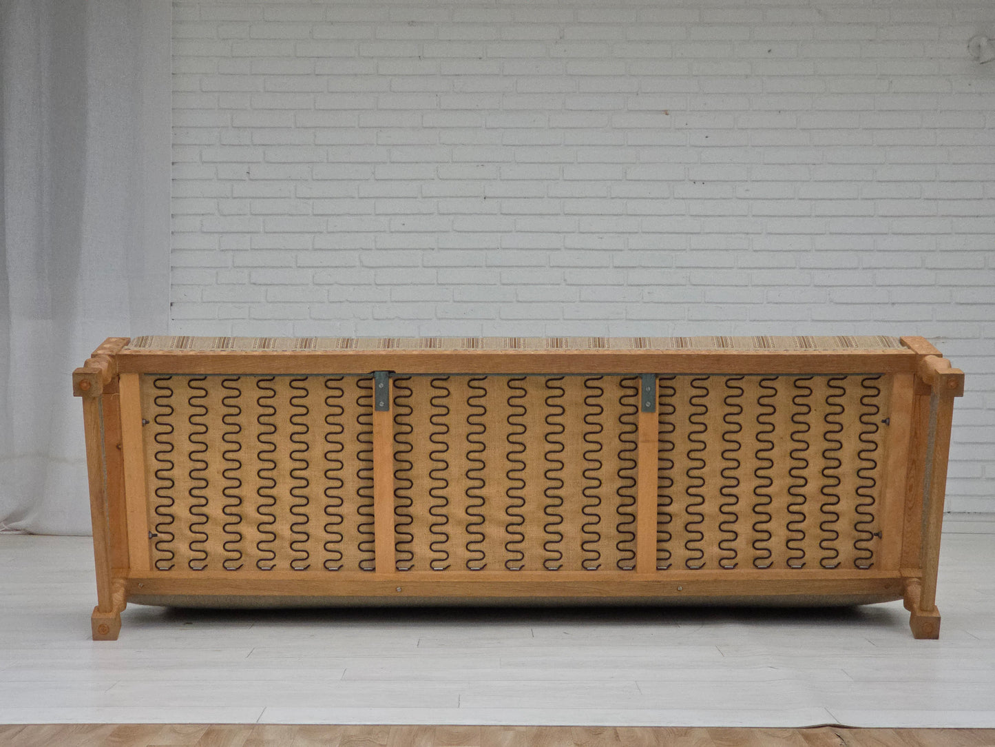 1970s, 3-seater Danish sofa, original beige furniture wool, solid oak wood.