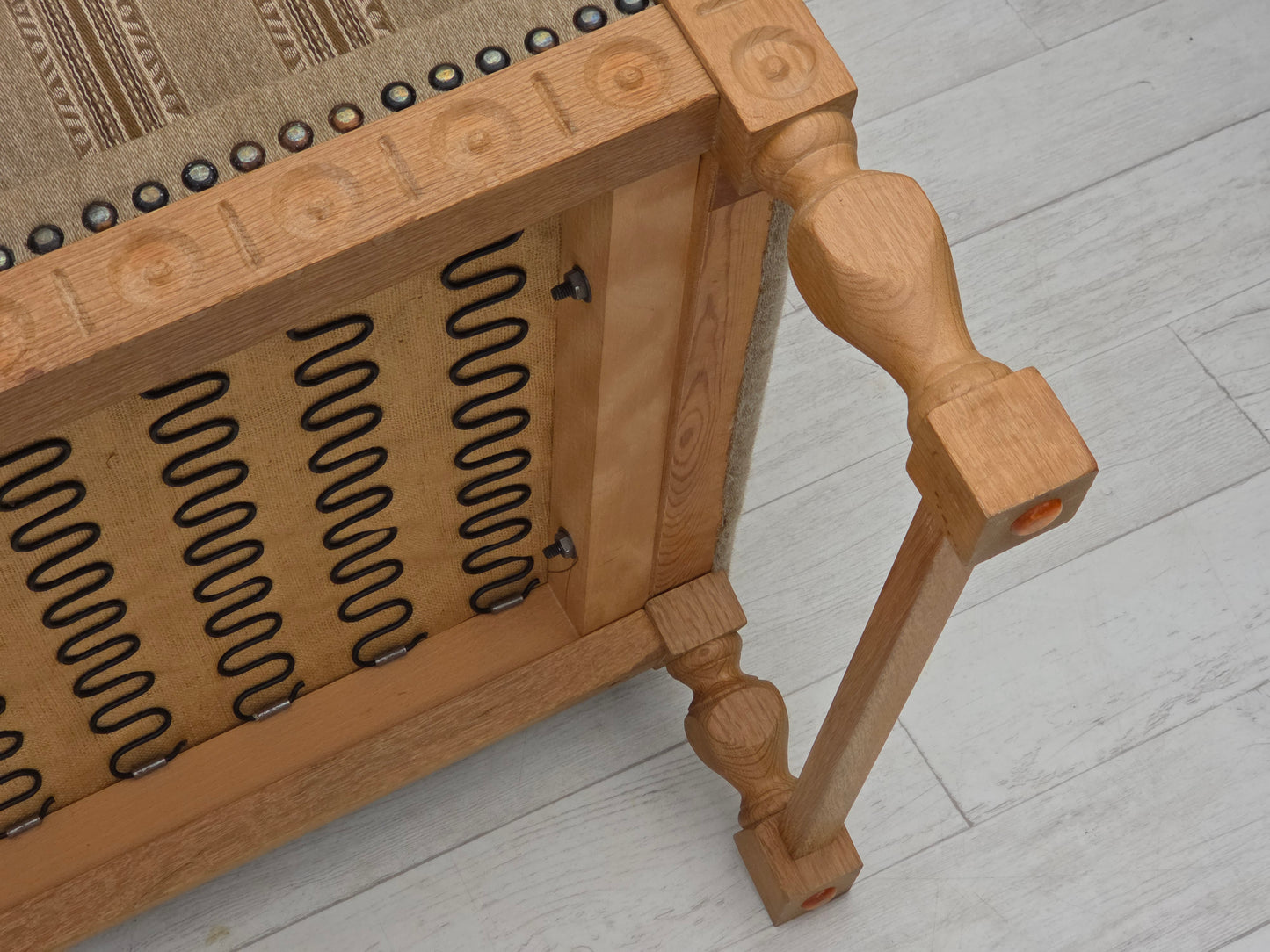 1970s, 3-seater Danish sofa, original beige furniture wool, solid oak wood.