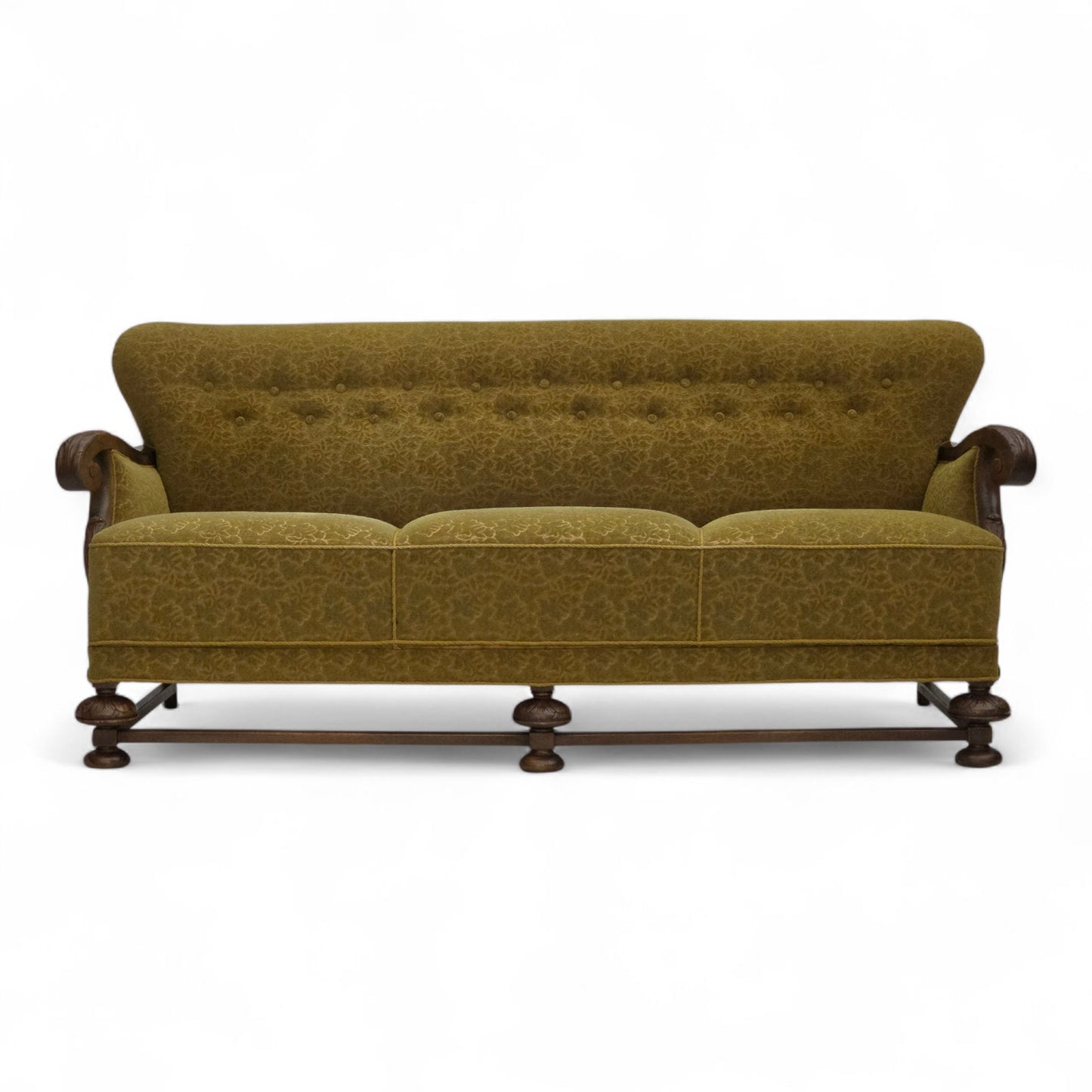 1960s, 3-seater Danish sofa, green cotton/wool furniture fabric, solid oak wood.