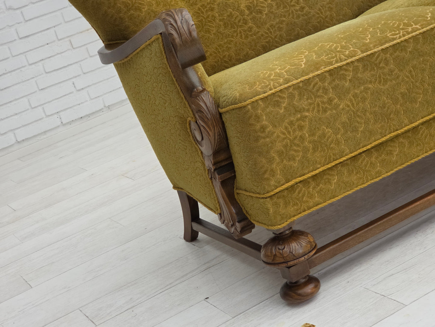 1960s, 3-seater Danish sofa, green cotton/wool furniture fabric, solid oak wood.