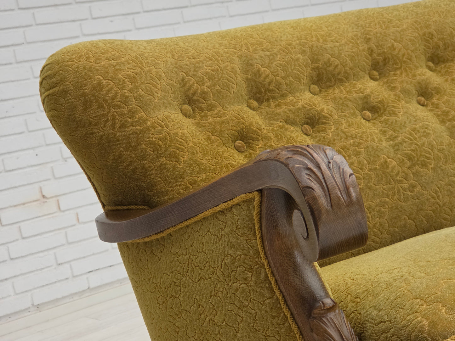 1960s, 3-seater Danish sofa, green cotton/wool furniture fabric, solid oak wood.