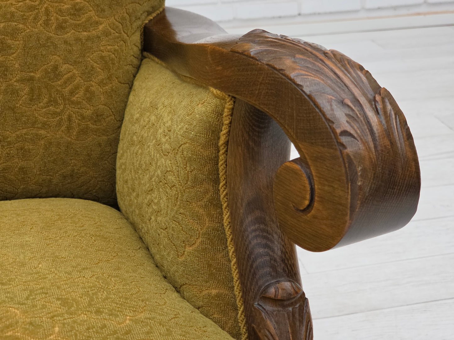 1960s, 3-seater Danish sofa, green cotton/wool furniture fabric, solid oak wood.