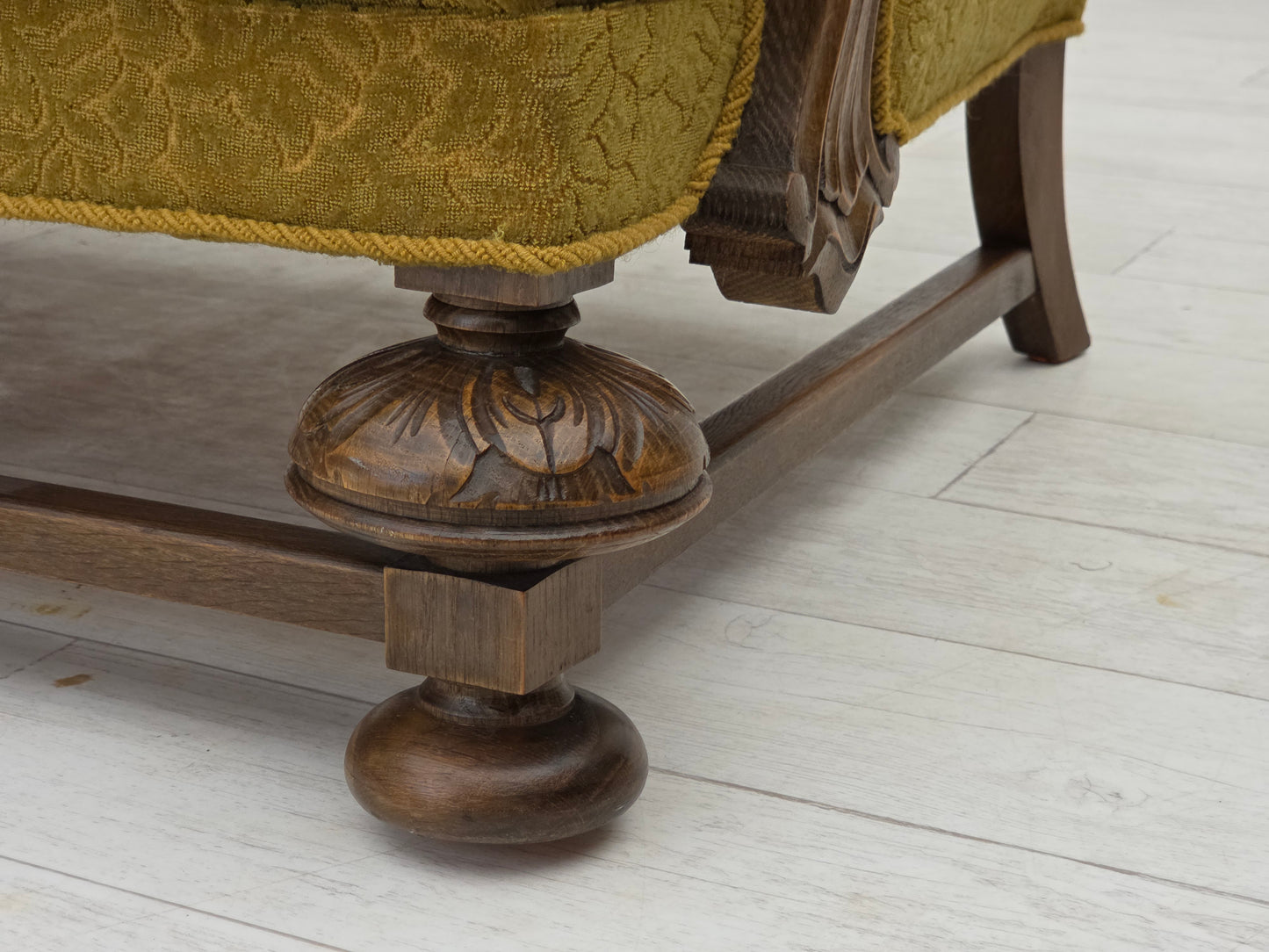 1960s, 3-seater Danish sofa, green cotton/wool furniture fabric, solid oak wood.