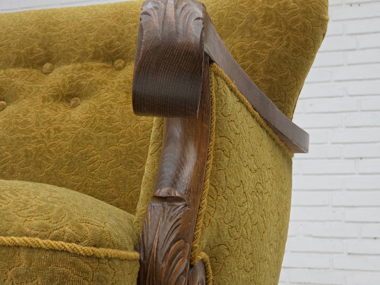 1960s, 3-seater Danish sofa, green cotton/wool furniture fabric, solid oak wood.