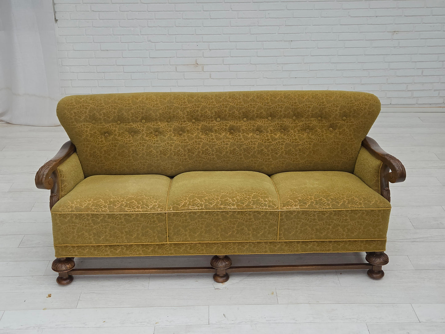 1960s, 3-seater Danish sofa, green cotton/wool furniture fabric, solid oak wood.