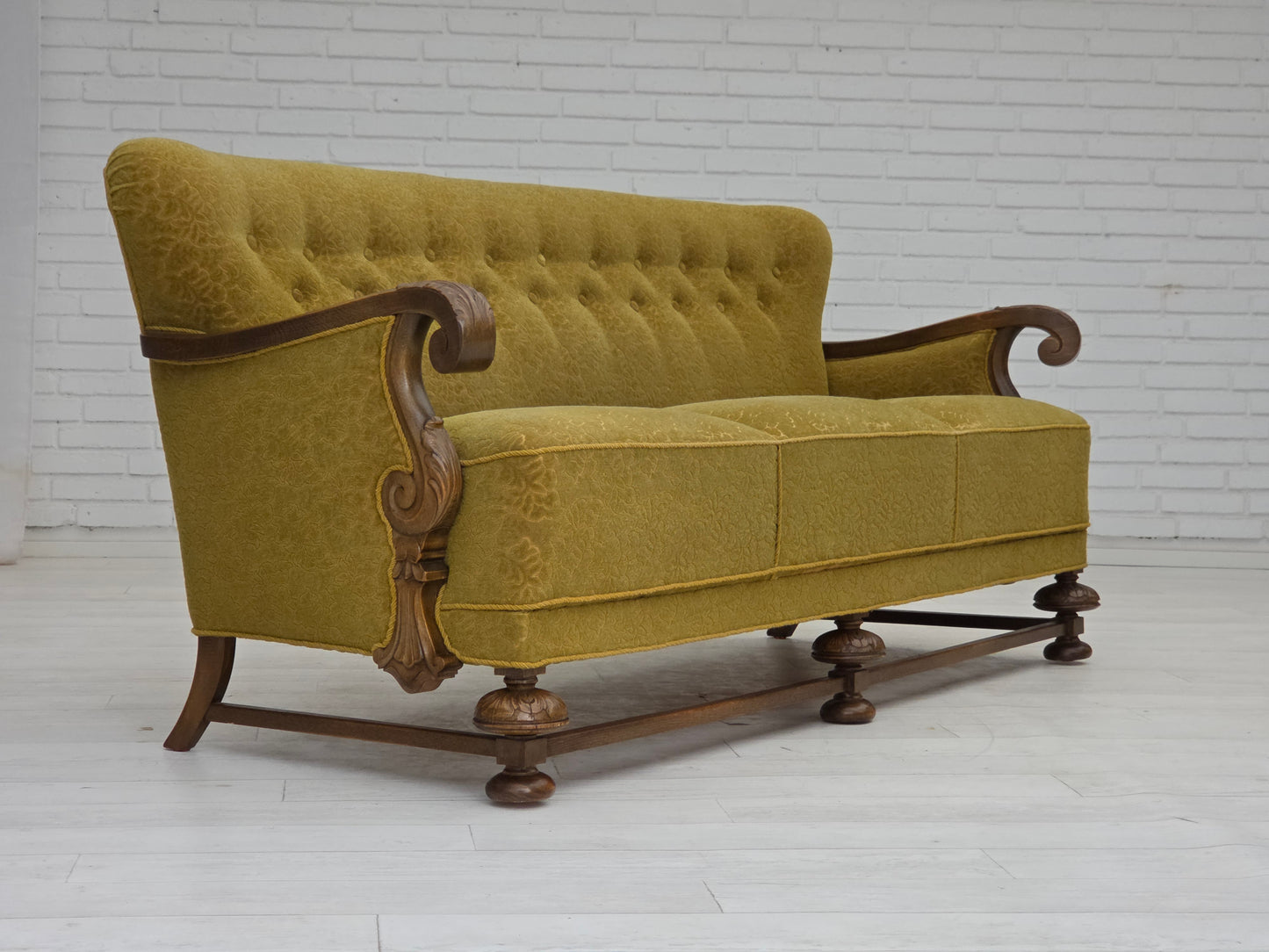 1960s, 3-seater Danish sofa, green cotton/wool furniture fabric, solid oak wood.