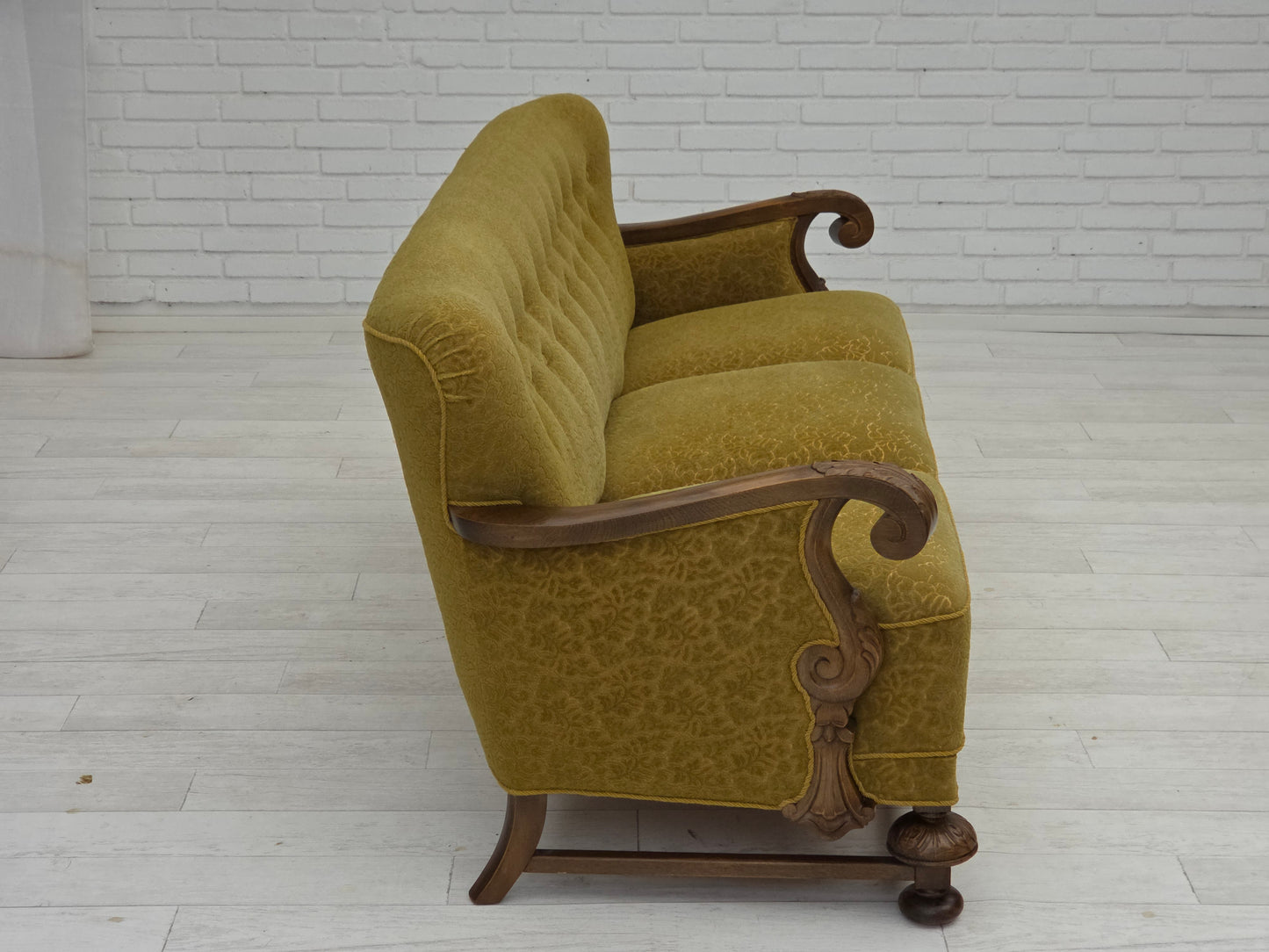 1960s, 3-seater Danish sofa, green cotton/wool furniture fabric, solid oak wood.