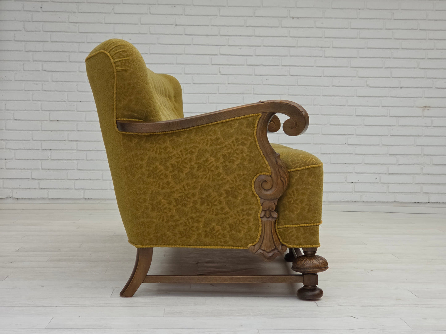 1960s, 3-seater Danish sofa, green cotton/wool furniture fabric, solid oak wood.