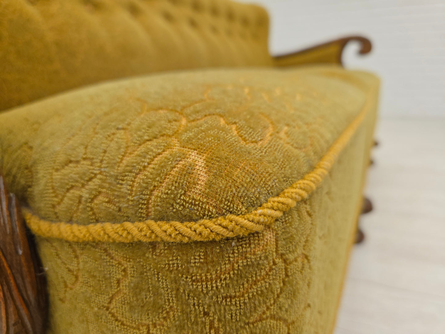 1960s, 3-seater Danish sofa, green cotton/wool furniture fabric, solid oak wood.