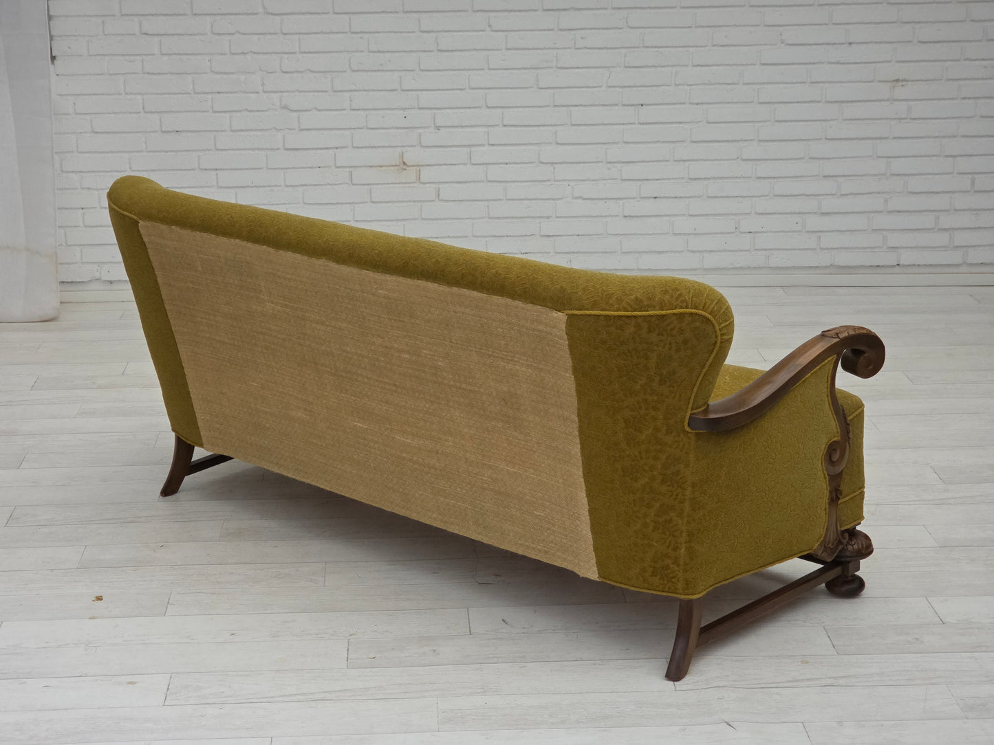 1960s, 3-seater Danish sofa, green cotton/wool furniture fabric, solid oak wood.