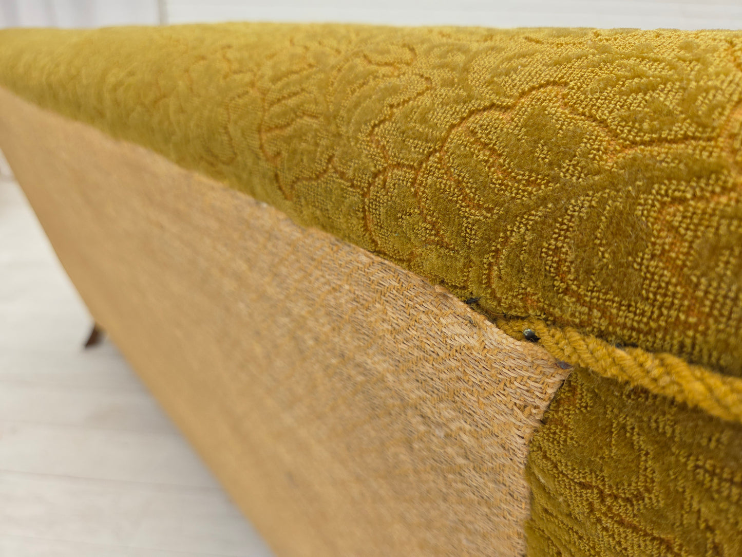 1960s, 3-seater Danish sofa, green cotton/wool furniture fabric, solid oak wood.