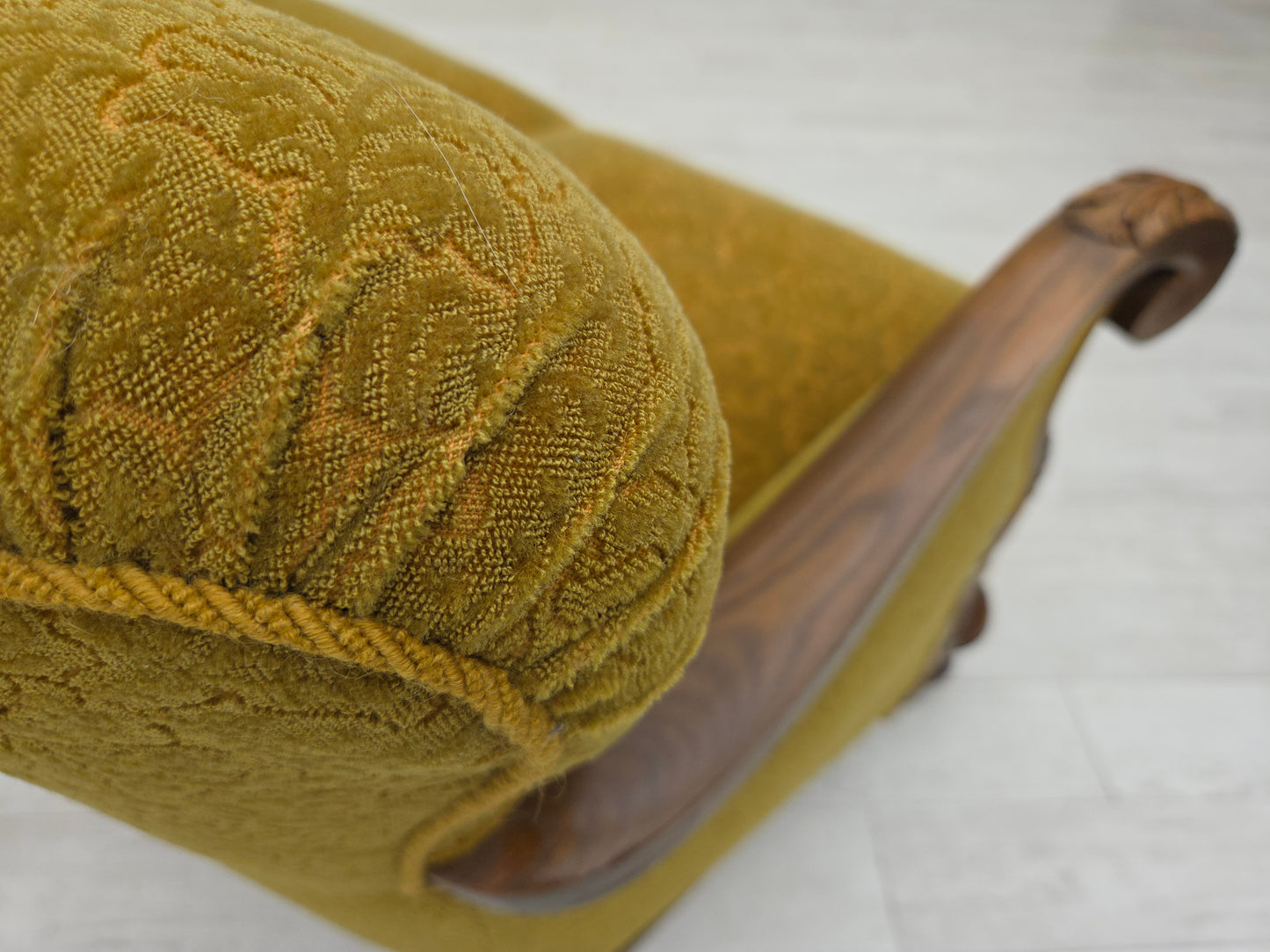 1960s, 3-seater Danish sofa, green cotton/wool furniture fabric, solid oak wood.