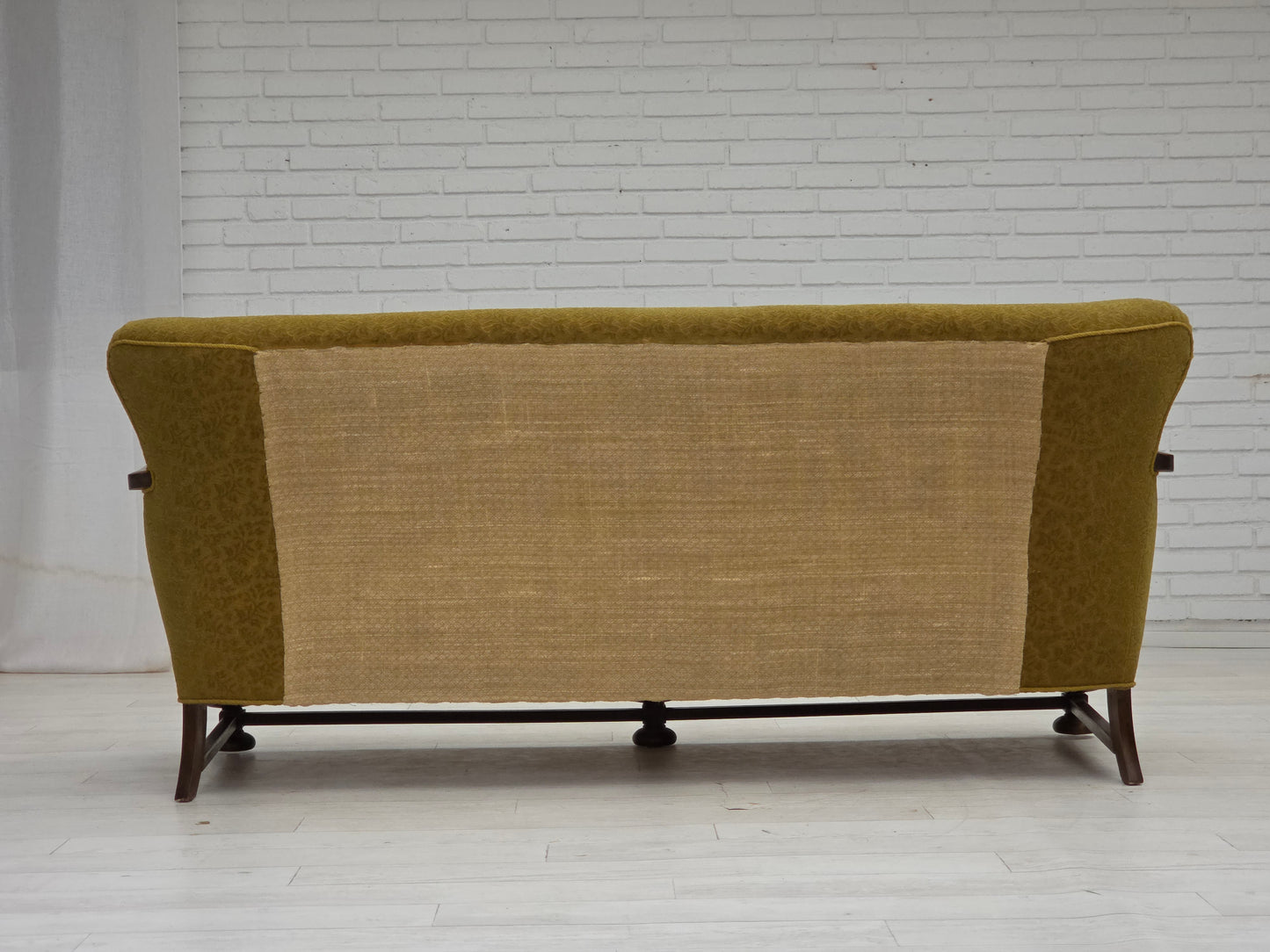 1960s, 3-seater Danish sofa, green cotton/wool furniture fabric, solid oak wood.