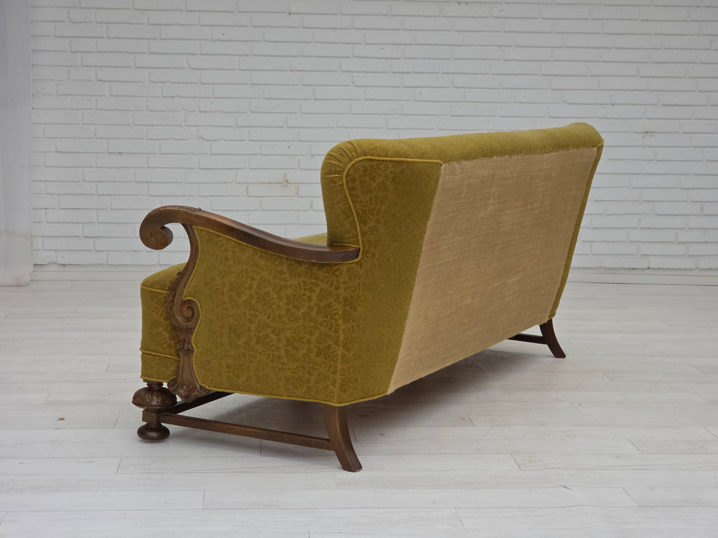1960s, 3-seater Danish sofa, green cotton/wool furniture fabric, solid oak wood.