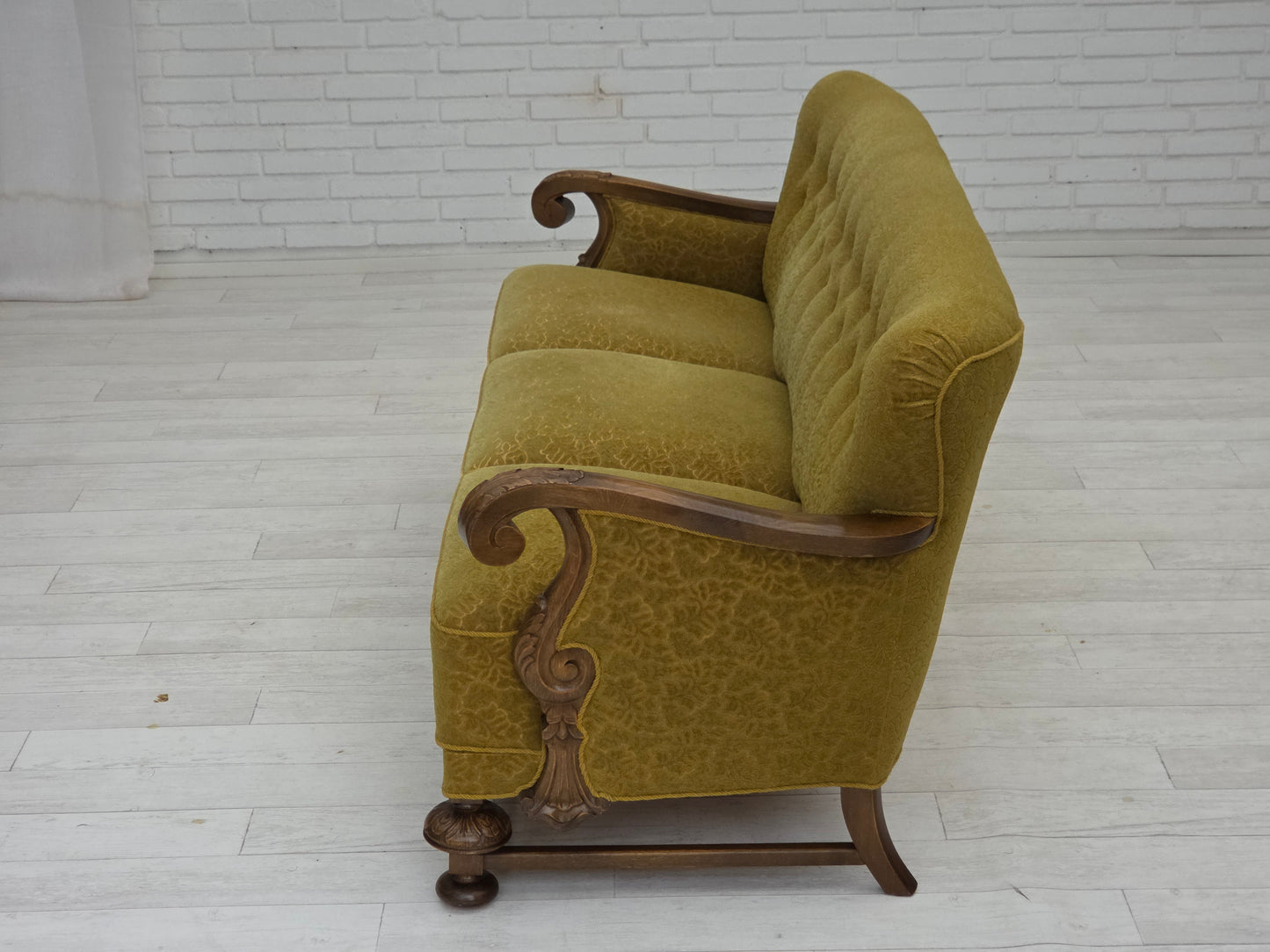 1960s, 3-seater Danish sofa, green cotton/wool furniture fabric, solid oak wood.