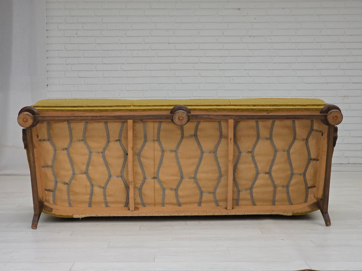 1960s, 3-seater Danish sofa, green cotton/wool furniture fabric, solid oak wood.