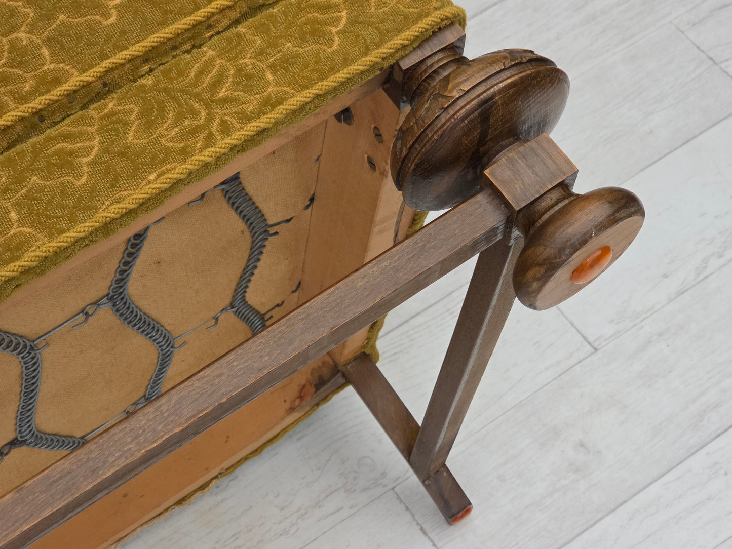 1960s, 3-seater Danish sofa, green cotton/wool furniture fabric, solid oak wood.