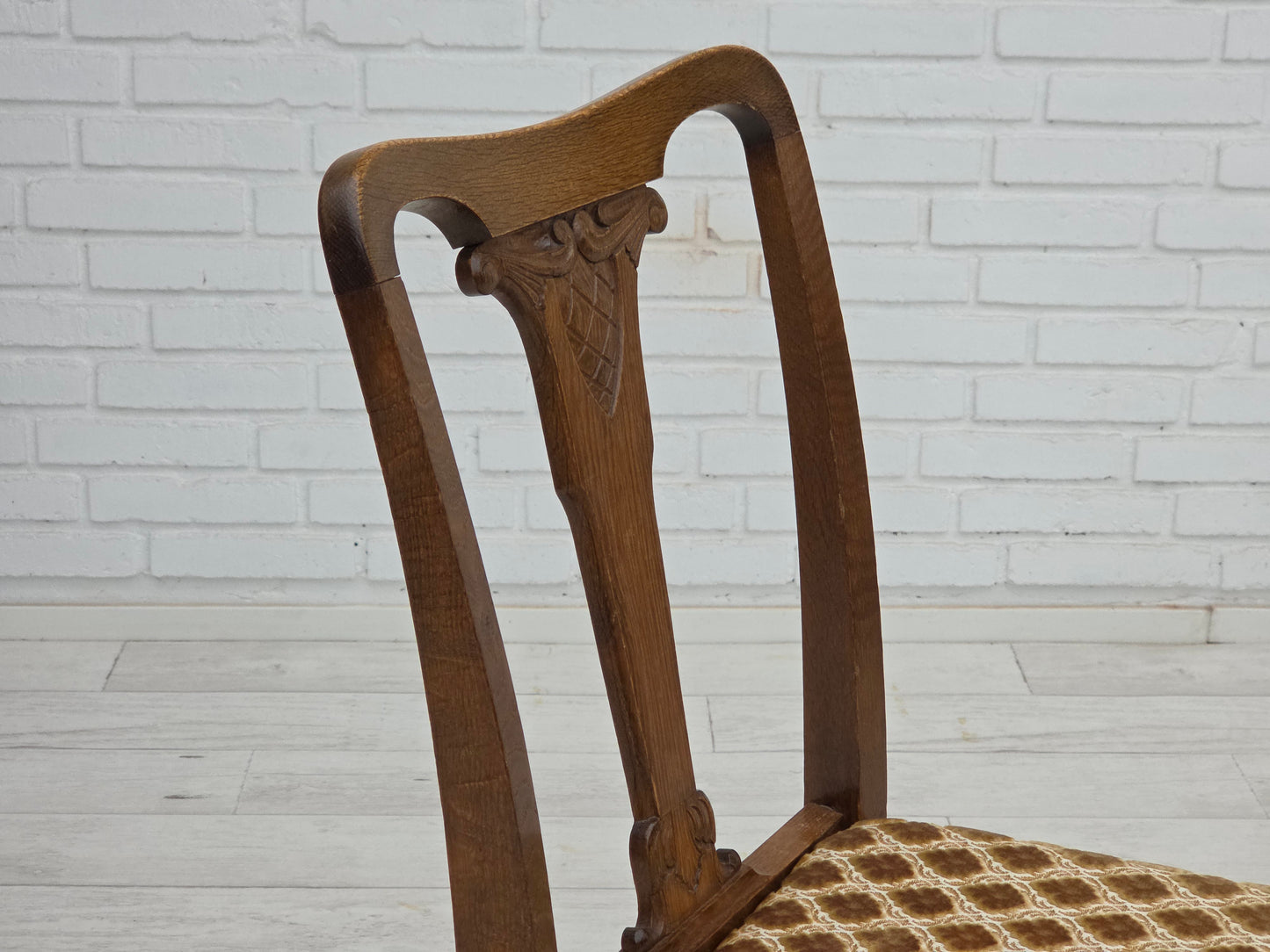 1930s, set of 6 Danish vintage chairs, furniture velour, oak wood, reupholstered.