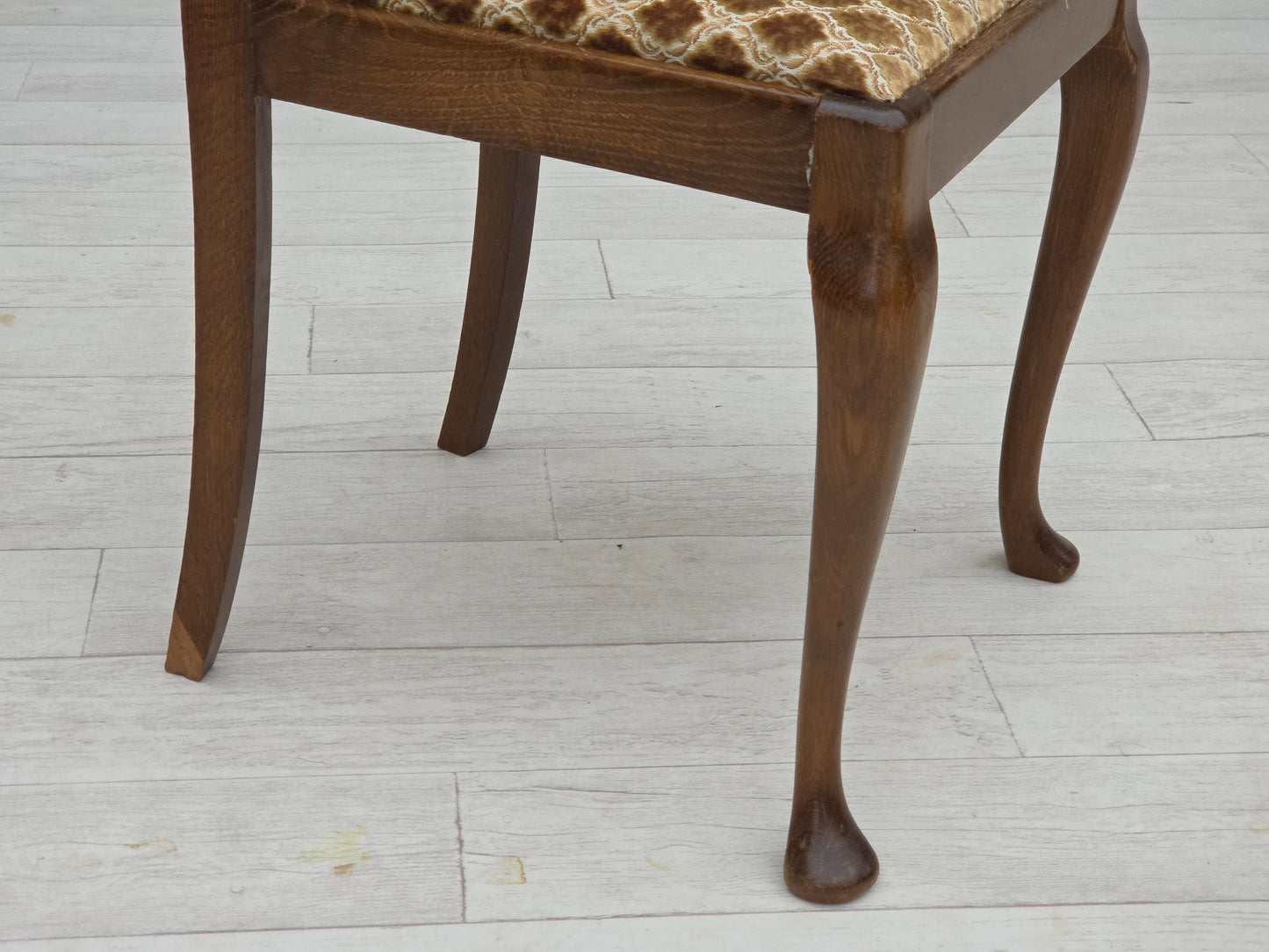 1930s, set of 6 Danish vintage chairs, furniture velour, oak wood, reupholstered.