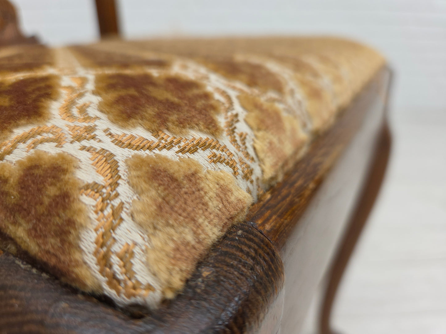 1930s, set of 6 Danish vintage chairs, furniture velour, oak wood, reupholstered.