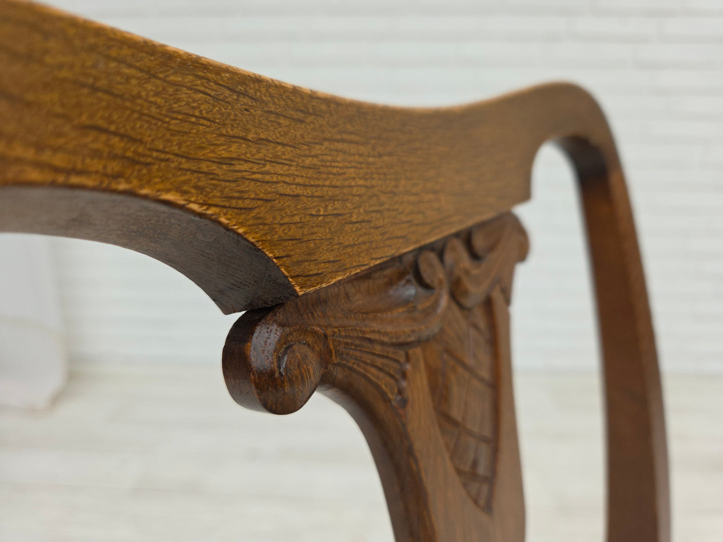 1930s, set of 6 Danish vintage chairs, furniture velour, oak wood, reupholstered.