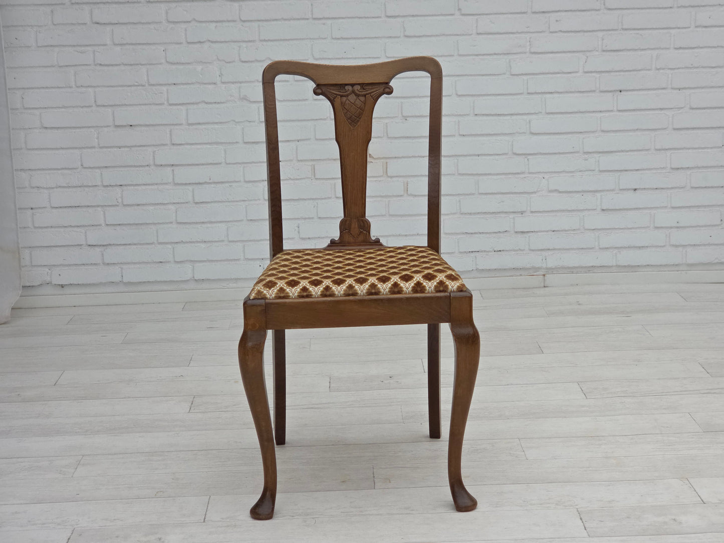 1930s, set of 6 Danish vintage chairs, furniture velour, oak wood, reupholstered.