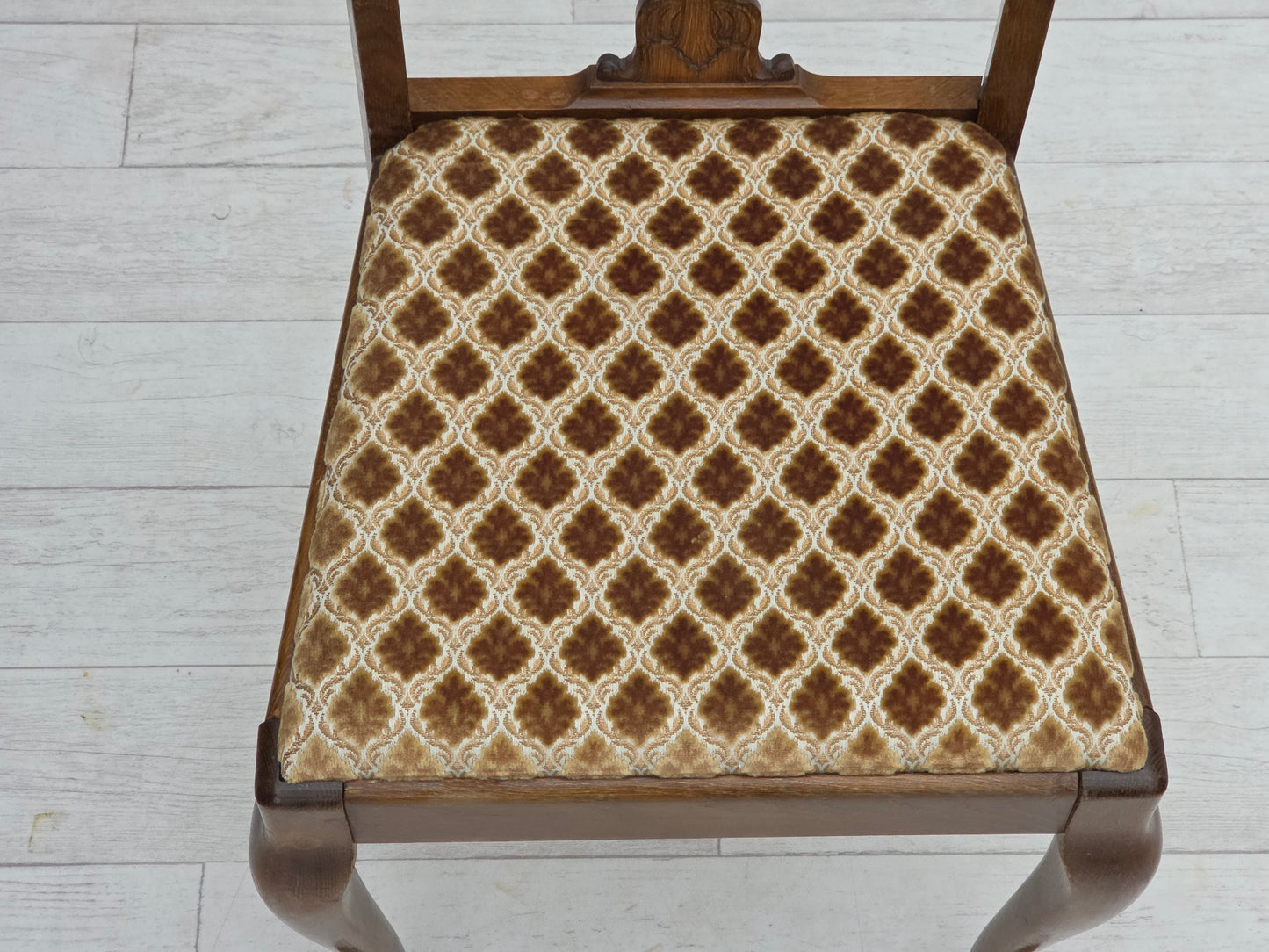 1930s, set of 6 Danish vintage chairs, furniture velour, oak wood, reupholstered.