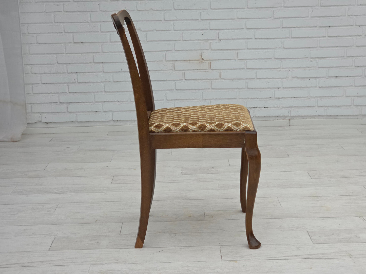 1930s, set of 6 Danish vintage chairs, furniture velour, oak wood, reupholstered.