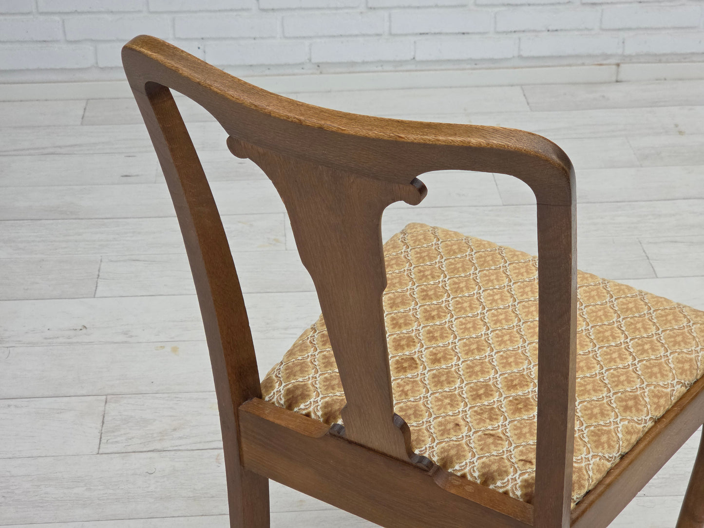 1930s, set of 6 Danish vintage chairs, furniture velour, oak wood, reupholstered.