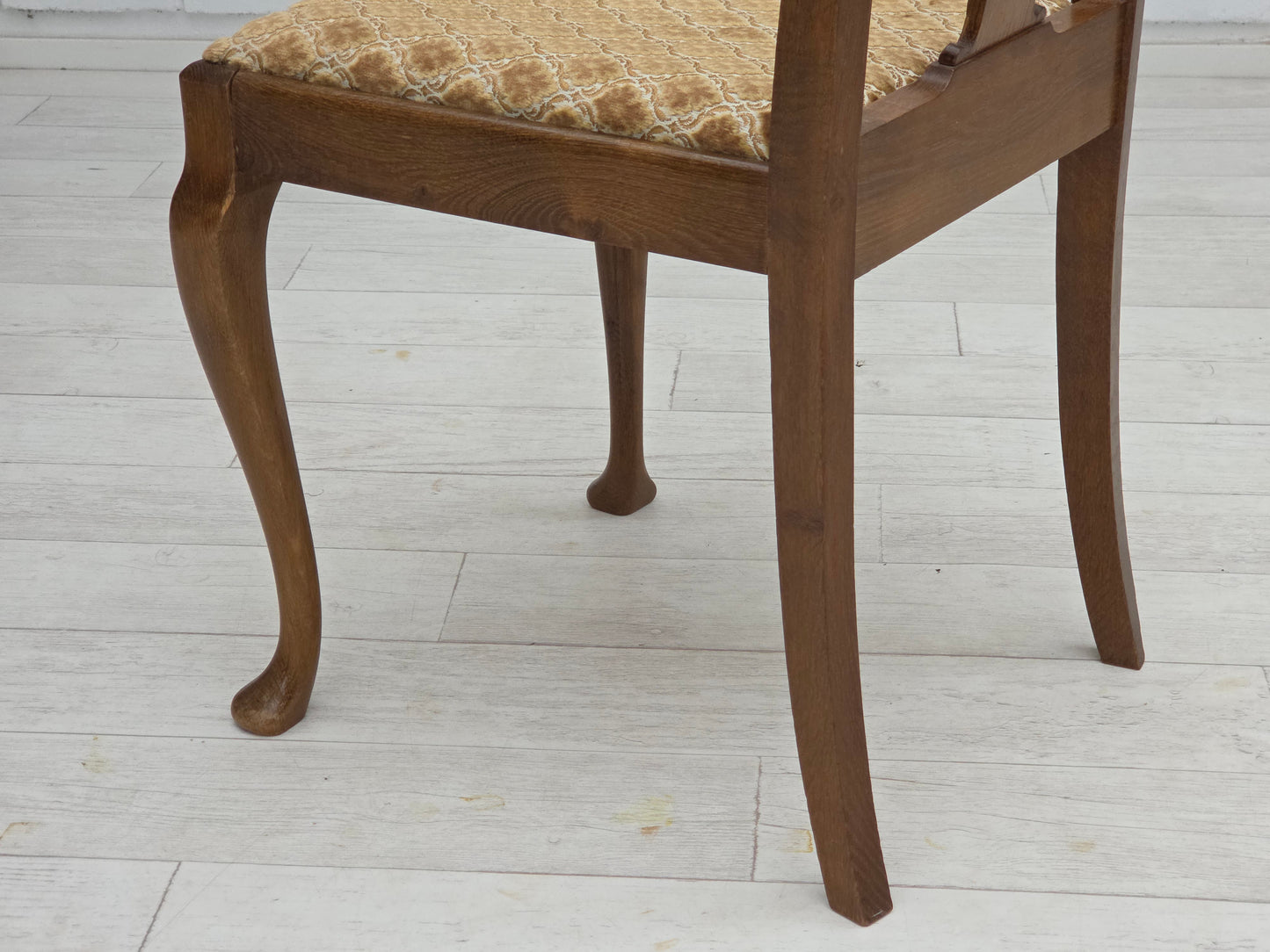 1930s, set of 6 Danish vintage chairs, furniture velour, oak wood, reupholstered.