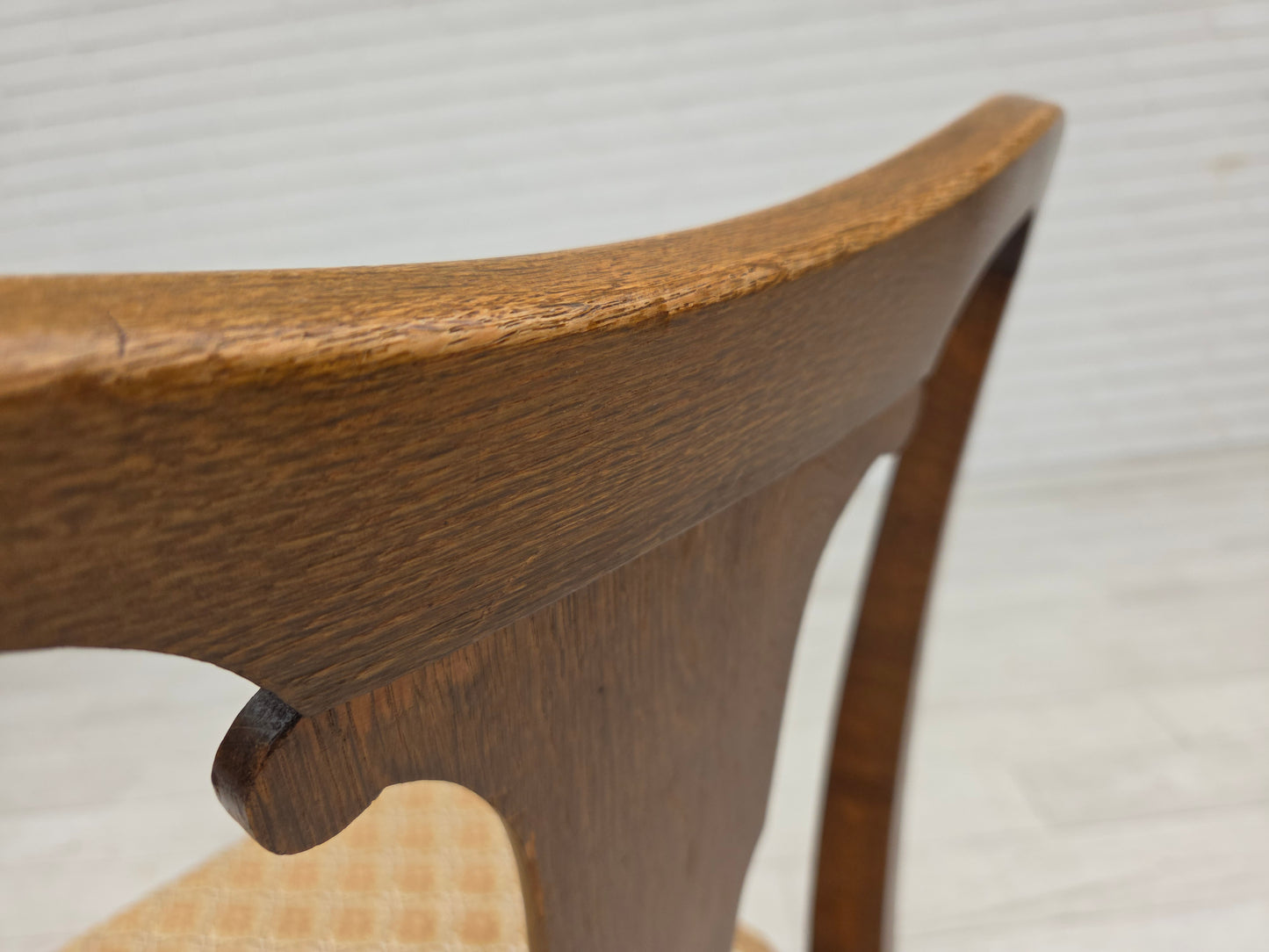 1930s, set of 6 Danish vintage chairs, furniture velour, oak wood, reupholstered.