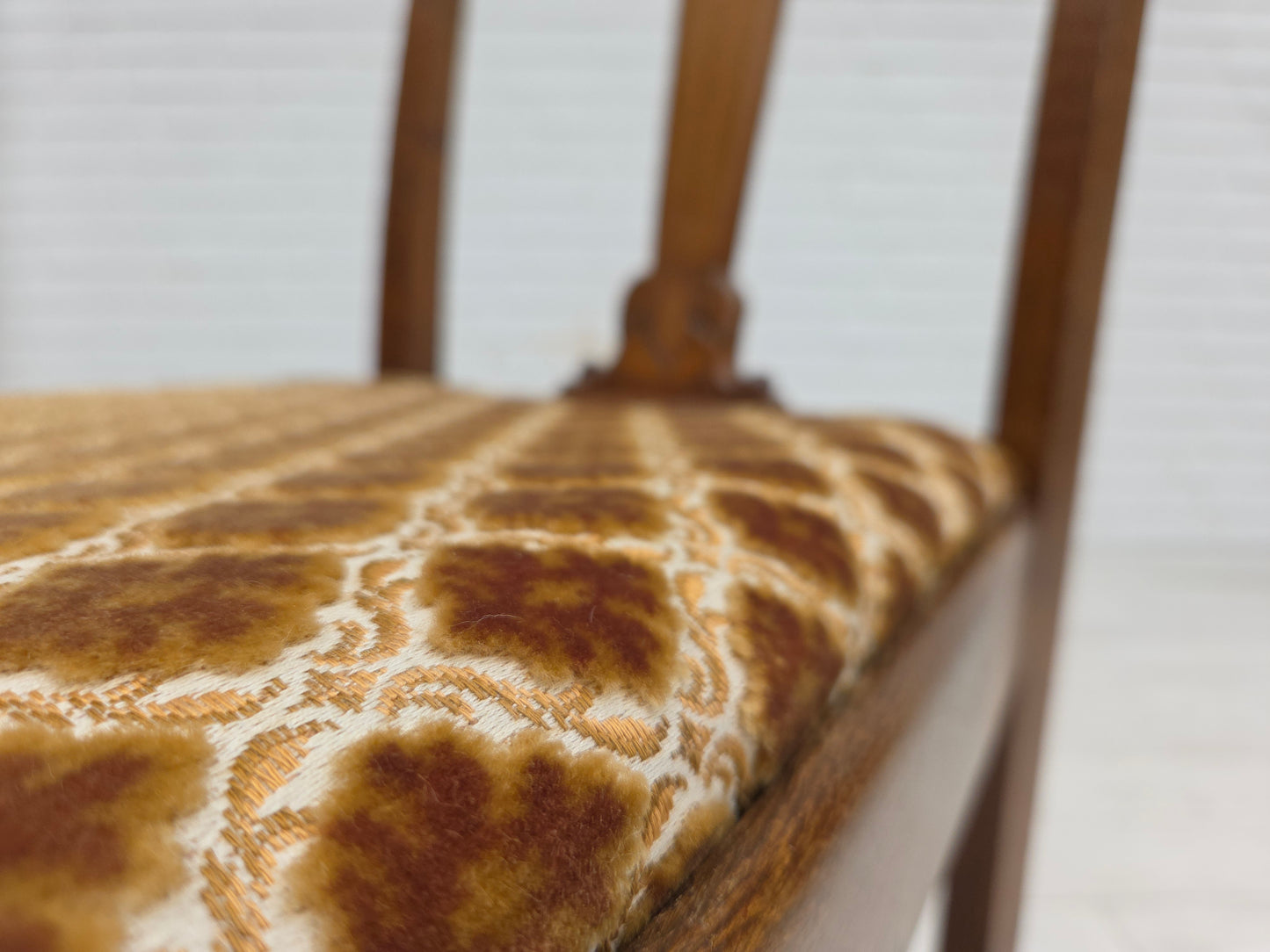 1930s, set of 6 Danish vintage chairs, furniture velour, oak wood, reupholstered.