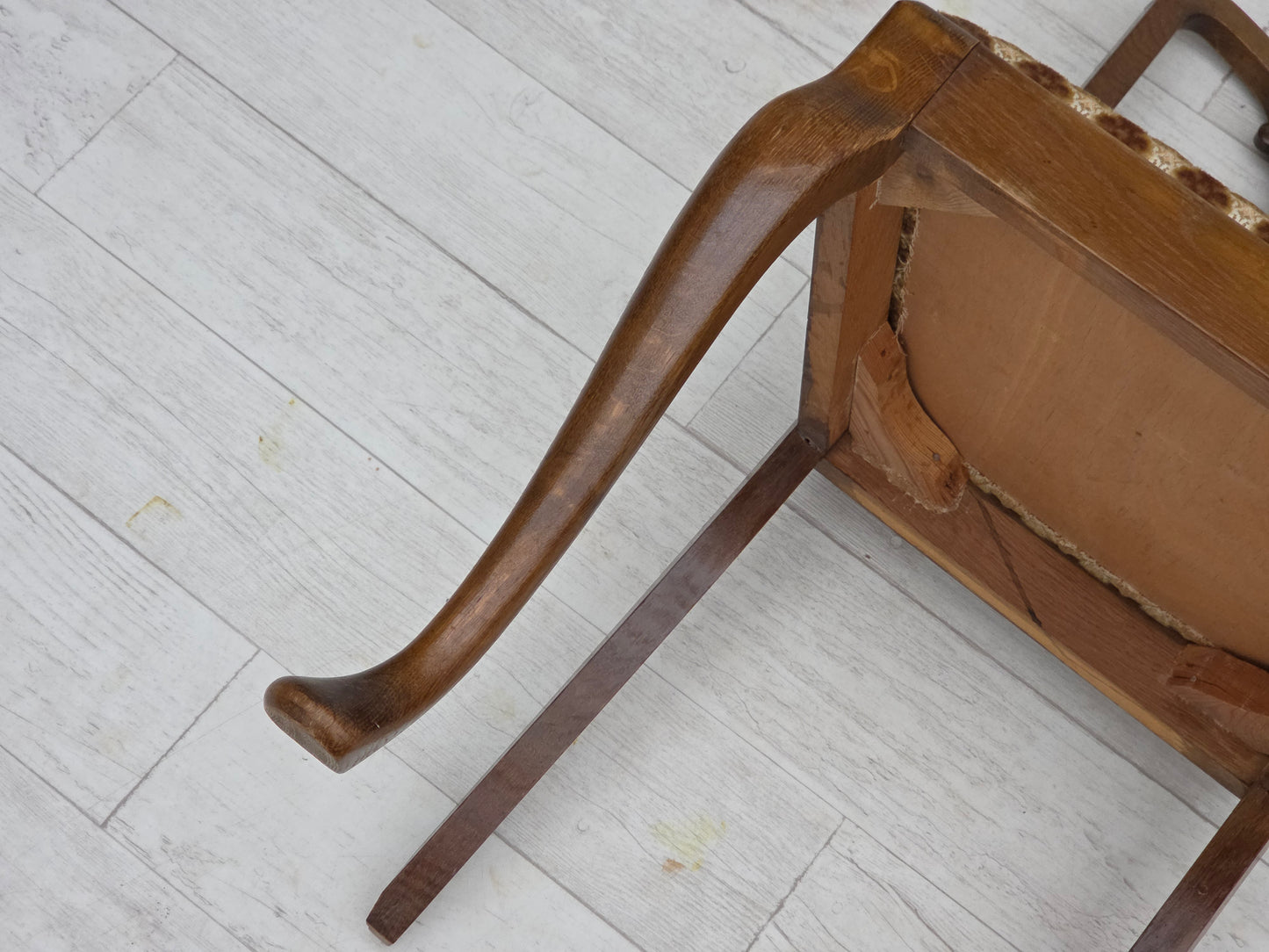 1930s, set of 6 Danish vintage chairs, furniture velour, oak wood, reupholstered.