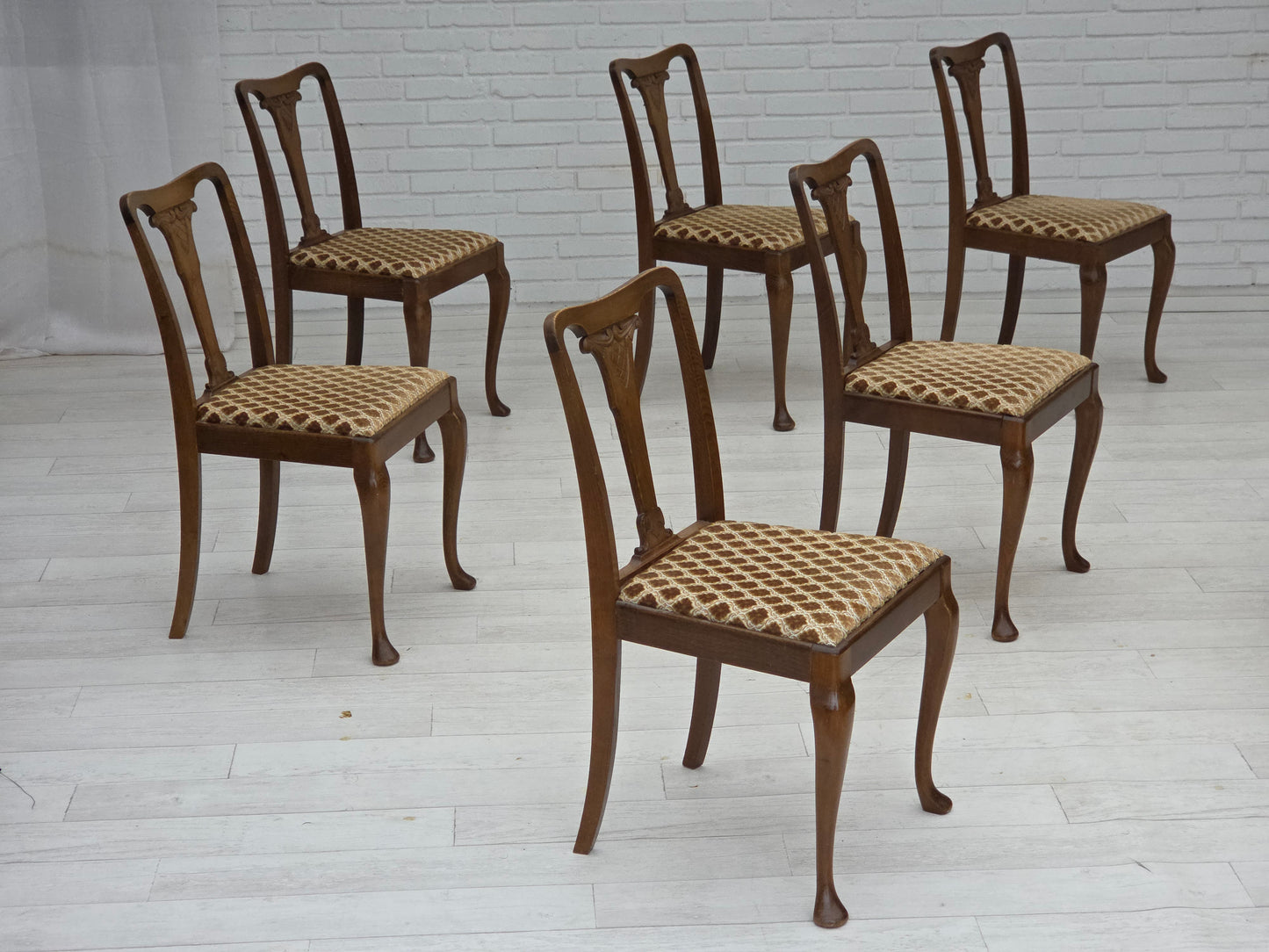 1930s, set of 6 Danish vintage chairs, furniture velour, oak wood, reupholstered.