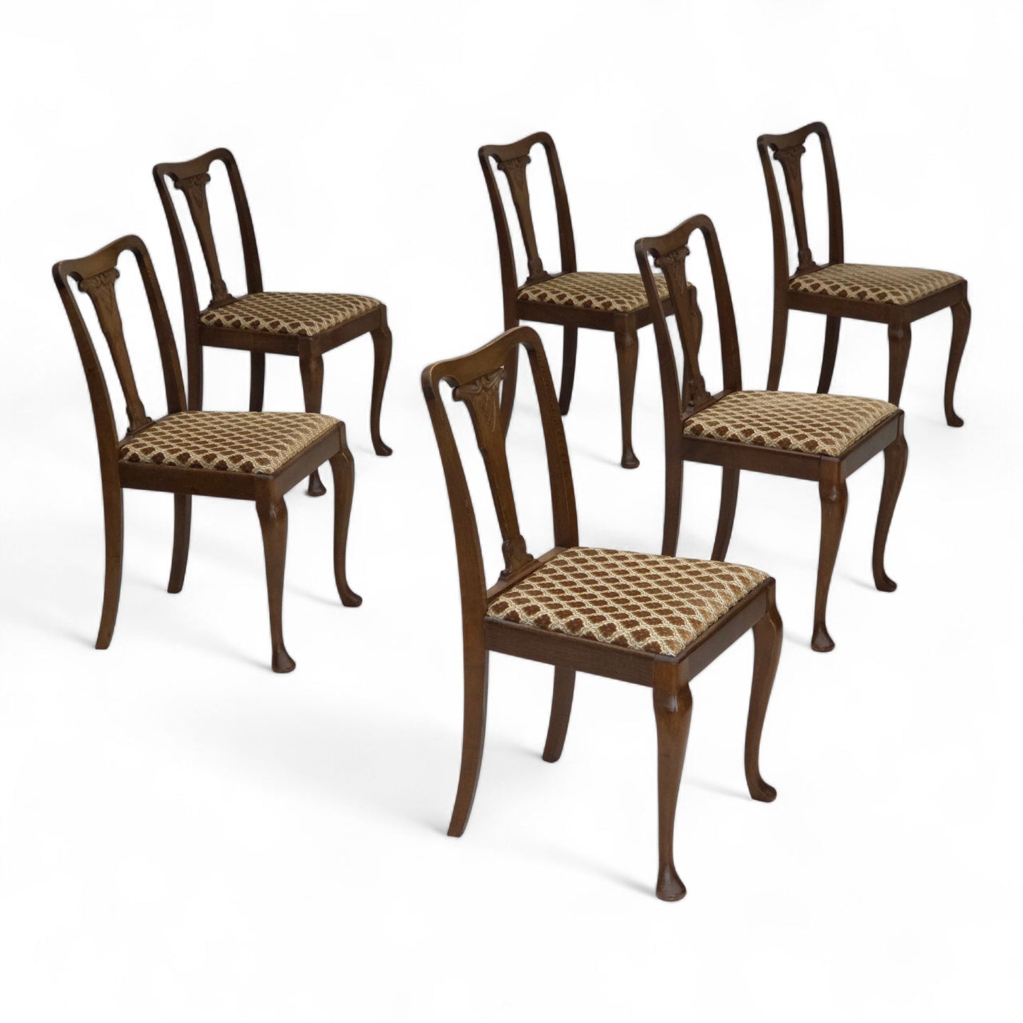 1930s, set of 6 Danish vintage chairs, furniture velour, oak wood, reupholstered.