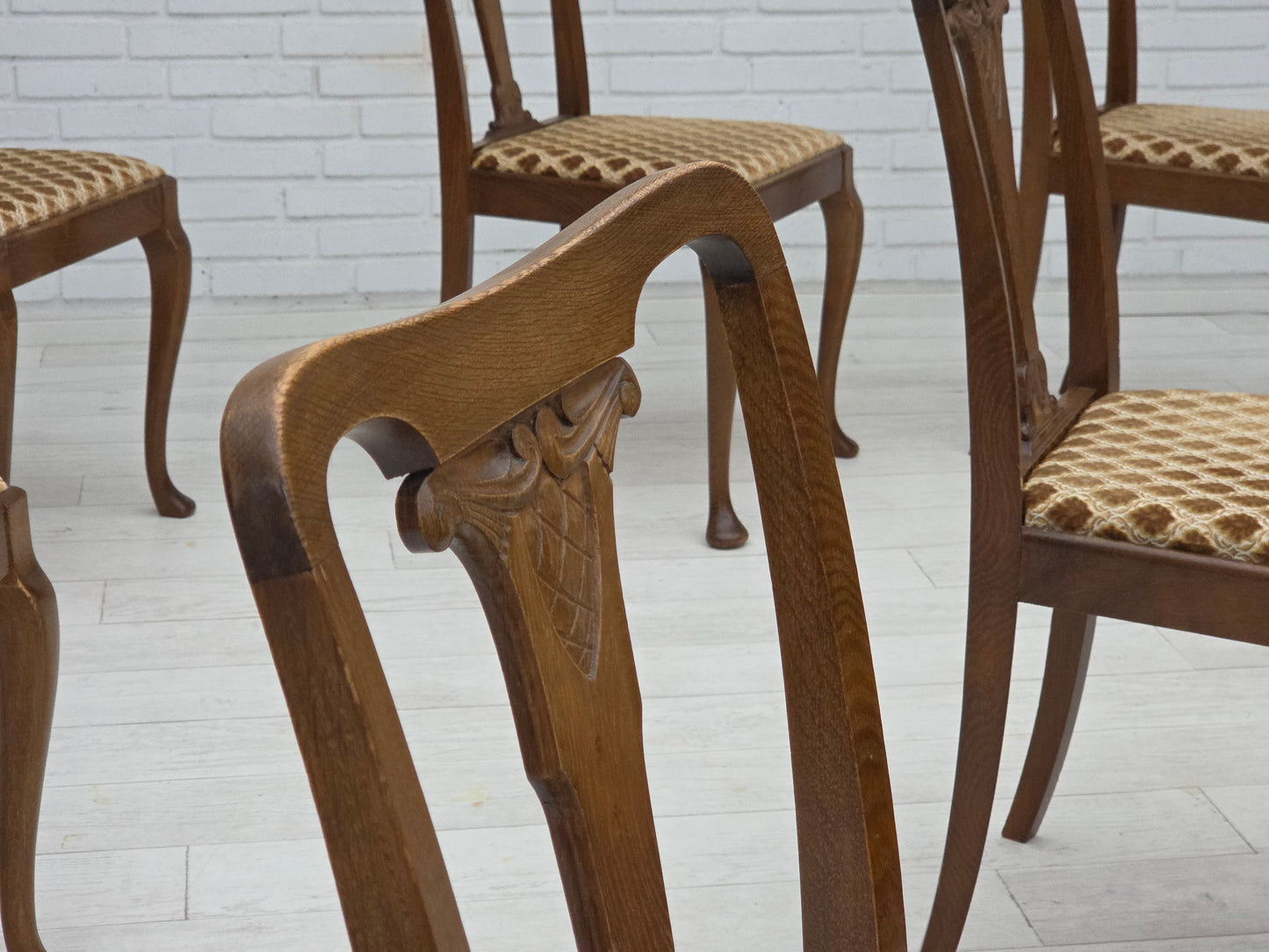 1930s, set of 6 Danish vintage chairs, furniture velour, oak wood, reupholstered.