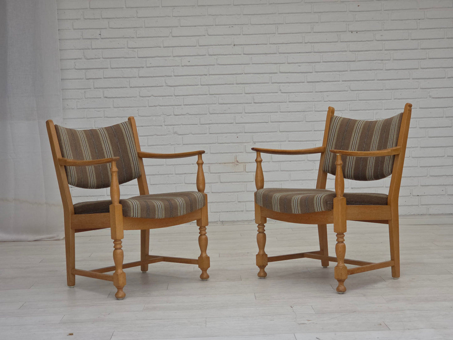 1970s, pair of Scandinavian armchairs, furniture wool, solid oak wood.