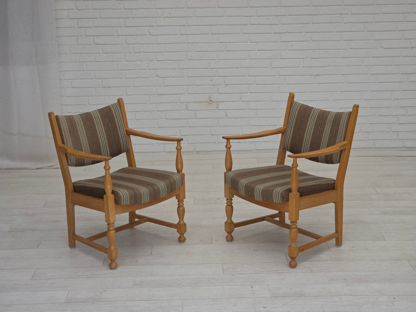1970s, pair of Scandinavian armchairs, furniture wool, solid oak wood.