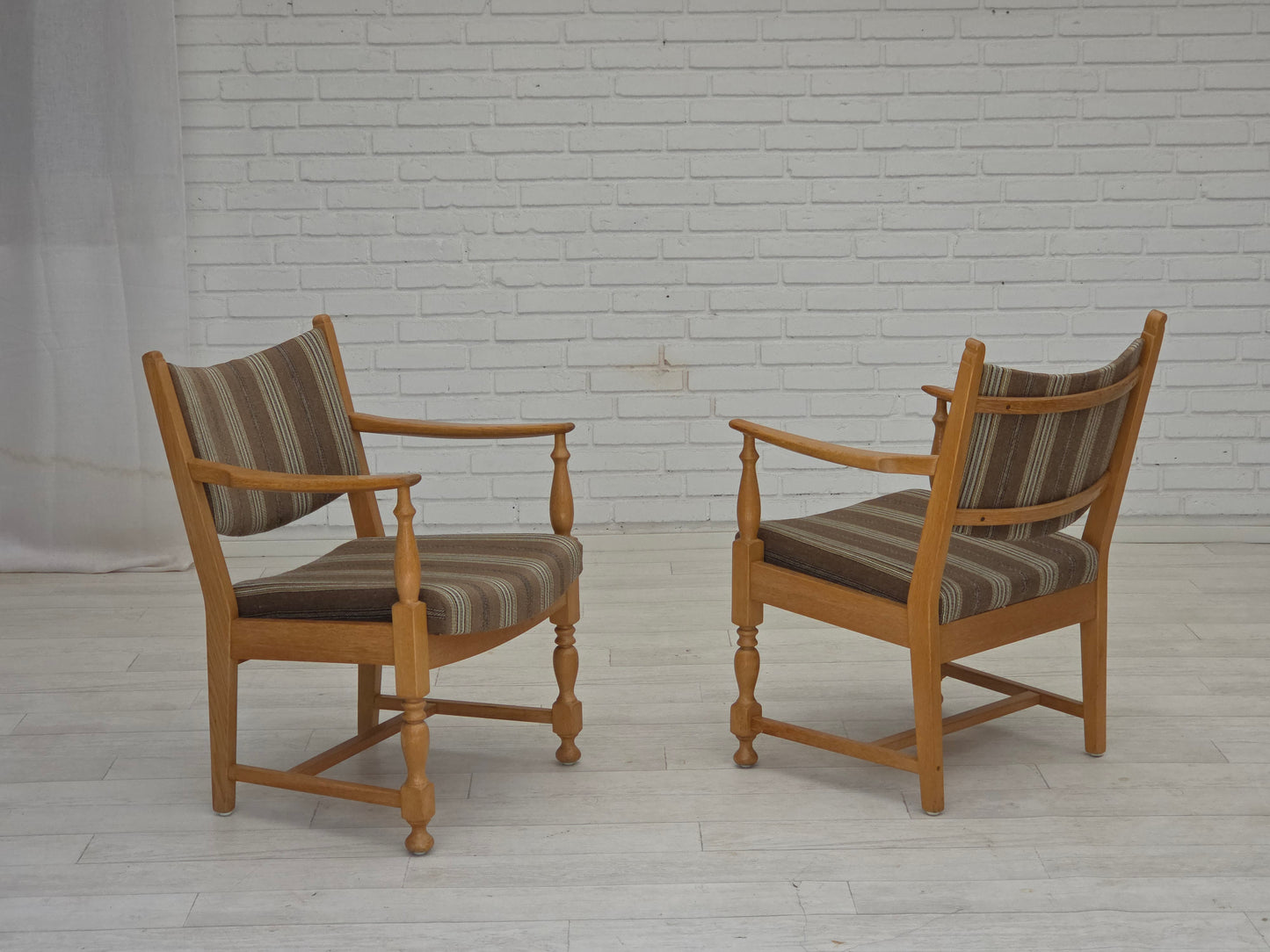 1970s, pair of Scandinavian armchairs, furniture wool, solid oak wood.