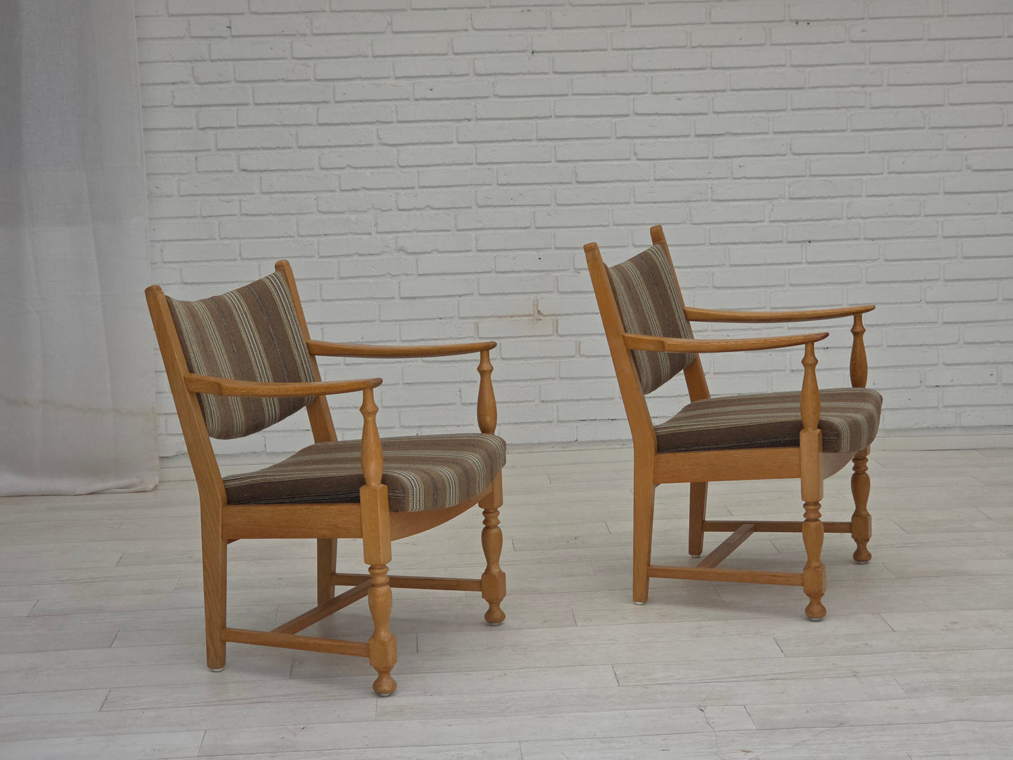 1970s, pair of Scandinavian armchairs, furniture wool, solid oak wood.