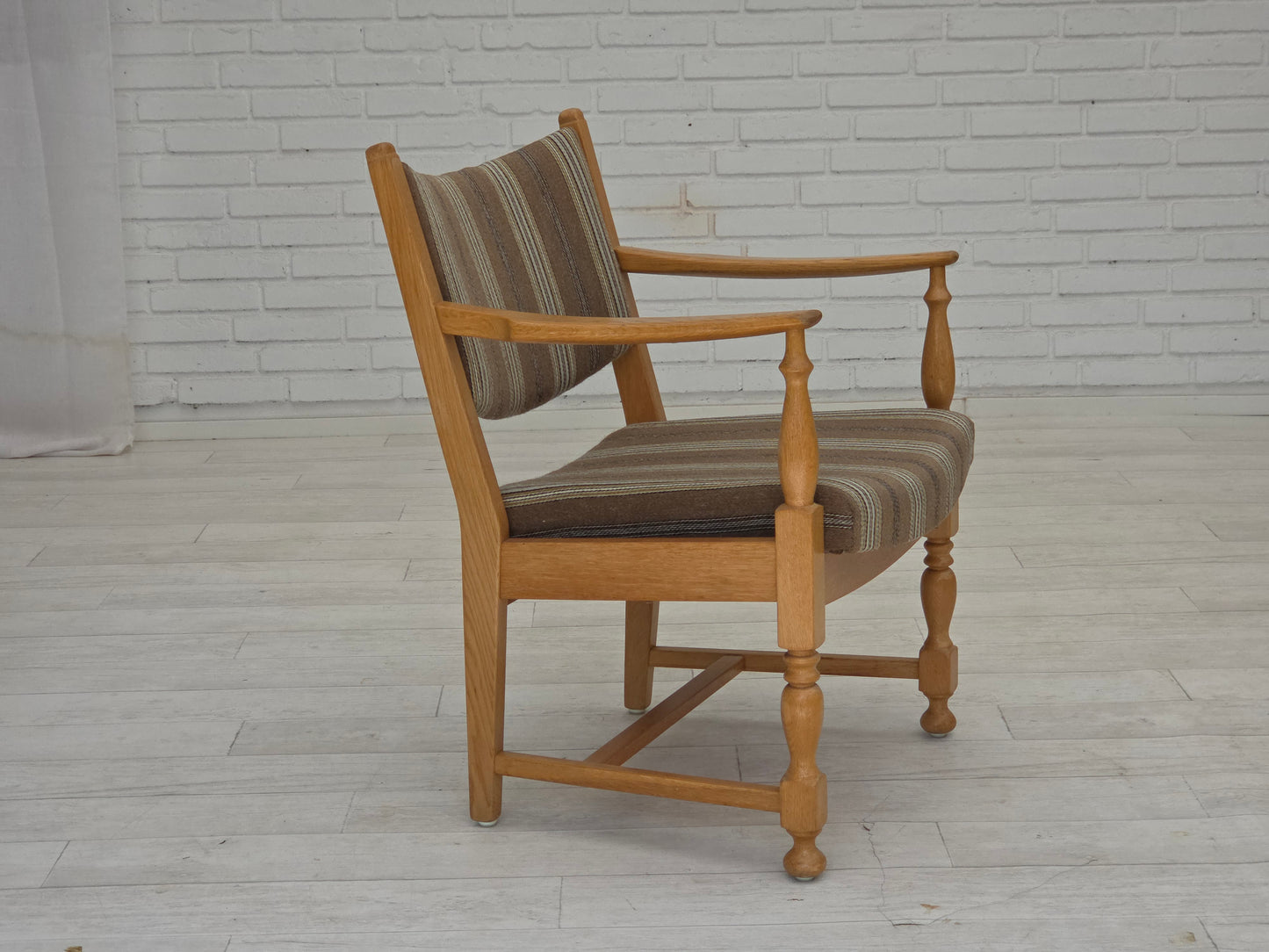 1970s, pair of Scandinavian armchairs, furniture wool, solid oak wood.