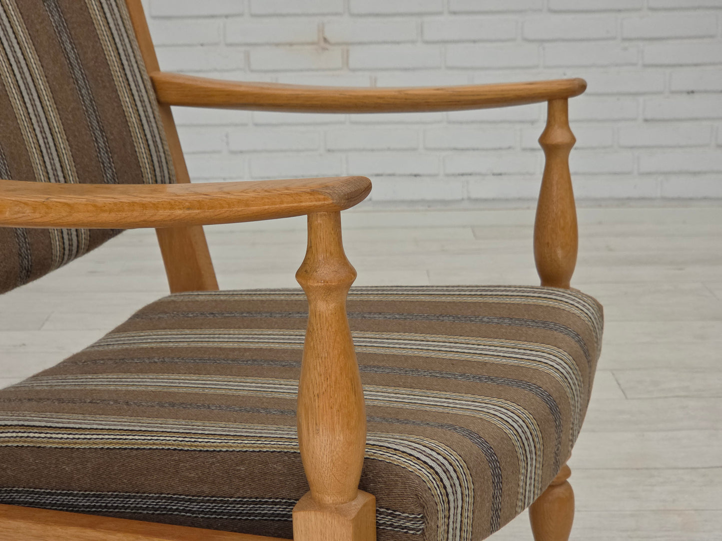 1970s, pair of Scandinavian armchairs, furniture wool, solid oak wood.