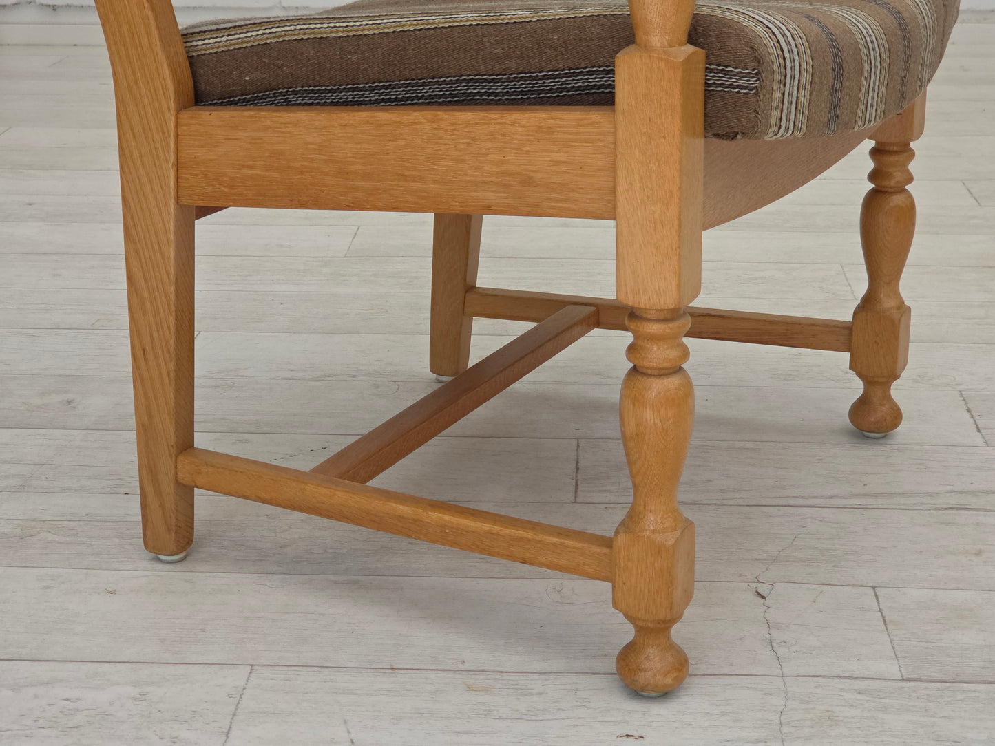 1970s, pair of Scandinavian armchairs, furniture wool, solid oak wood.