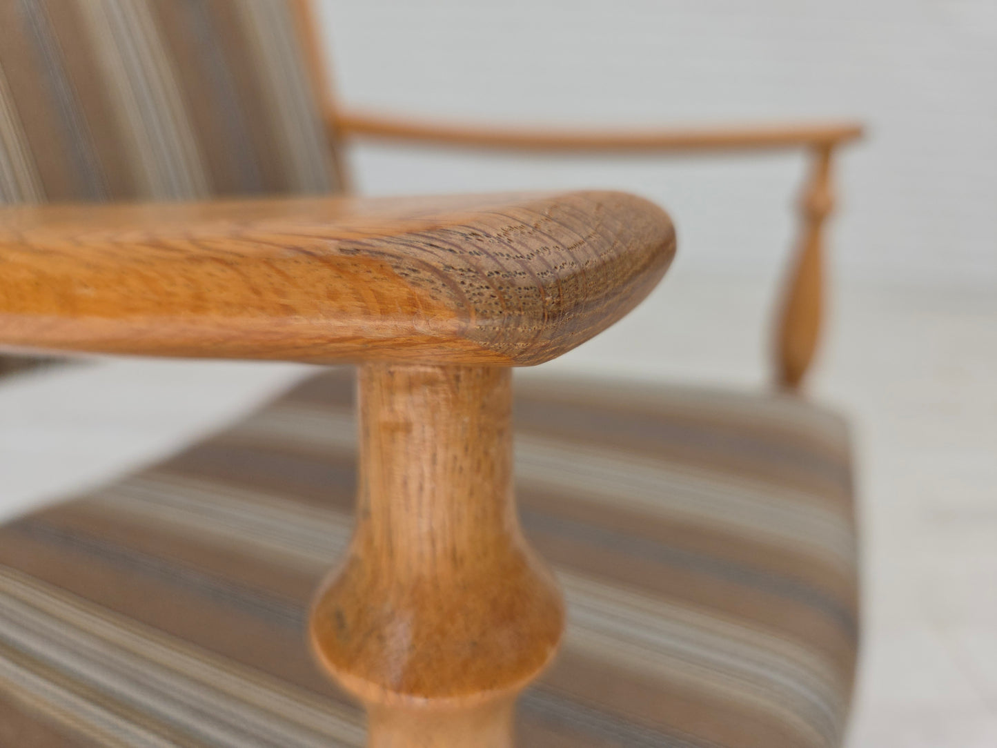 1970s, pair of Scandinavian armchairs, furniture wool, solid oak wood.