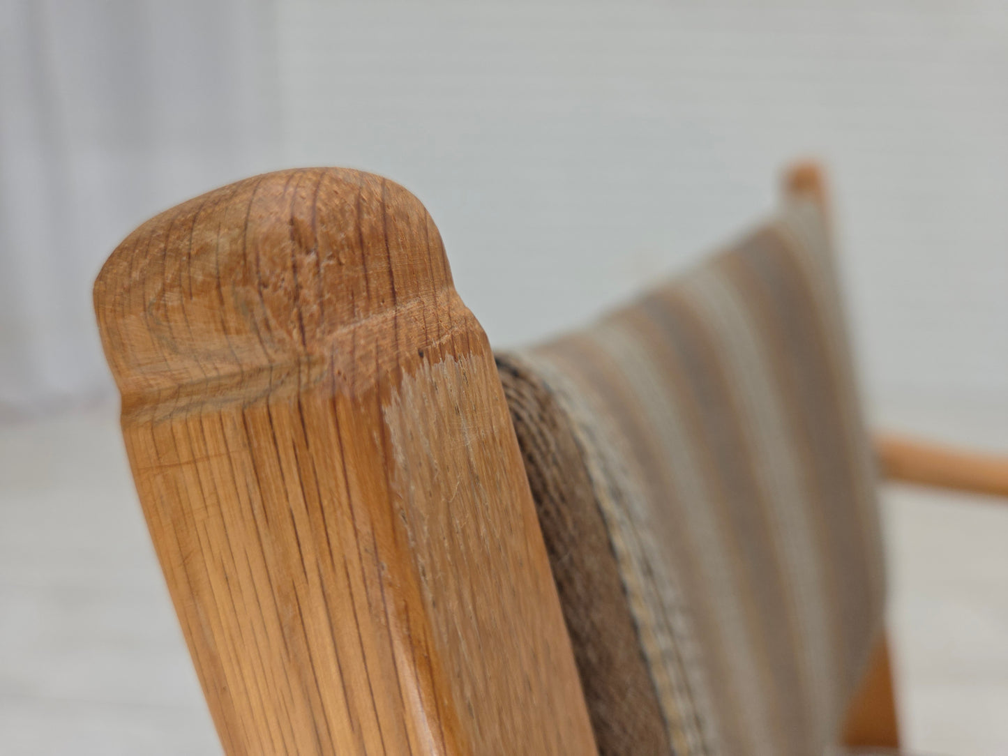 1970s, pair of Scandinavian armchairs, furniture wool, solid oak wood.