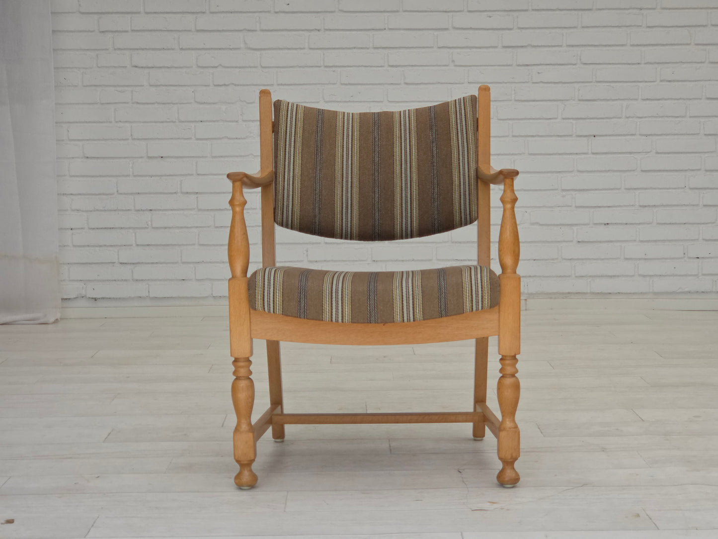 1970s, pair of Scandinavian armchairs, furniture wool, solid oak wood.