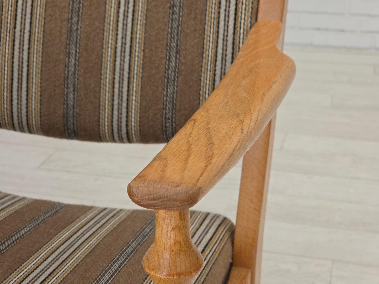 1970s, pair of Scandinavian armchairs, furniture wool, solid oak wood.