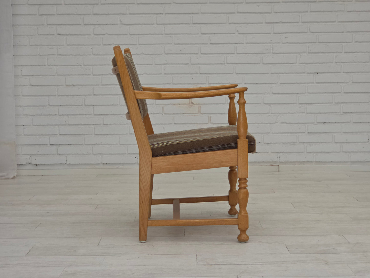 1970s, pair of Scandinavian armchairs, furniture wool, solid oak wood.