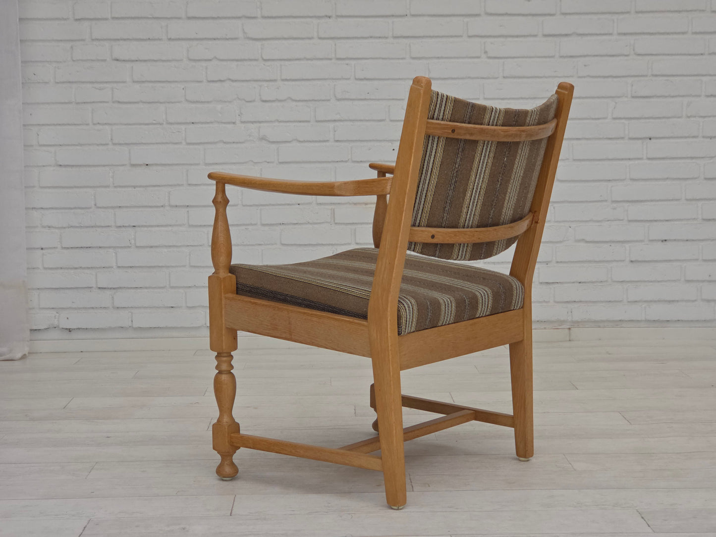 1970s, pair of Scandinavian armchairs, furniture wool, solid oak wood.